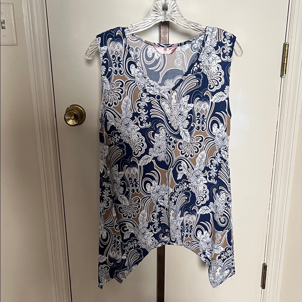 SJS Navy, tan and white Floral Blouse, sleeveless